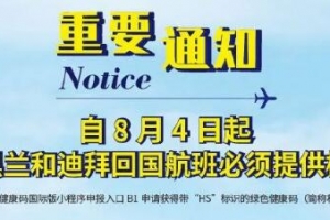 8月4日起，德黑兰和迪拜回国航班需提供核酸检测证明