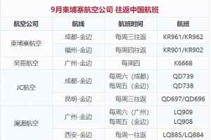 9月柬埔寨飞中国航班信息